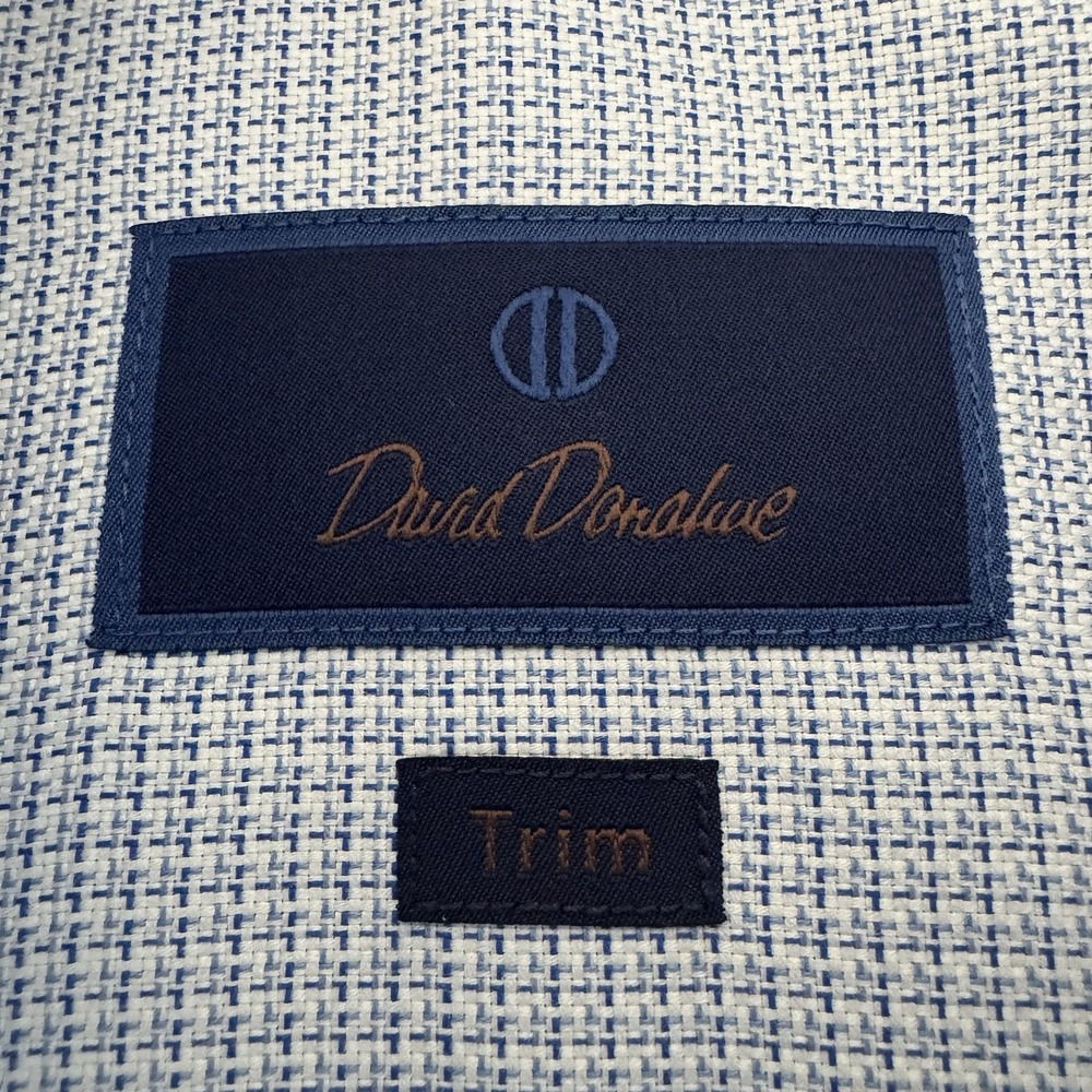David Donahue Trim Dress Shirt Men XL 17 32/33 White Blue Micro Check Cotton - Picture 3 of 12